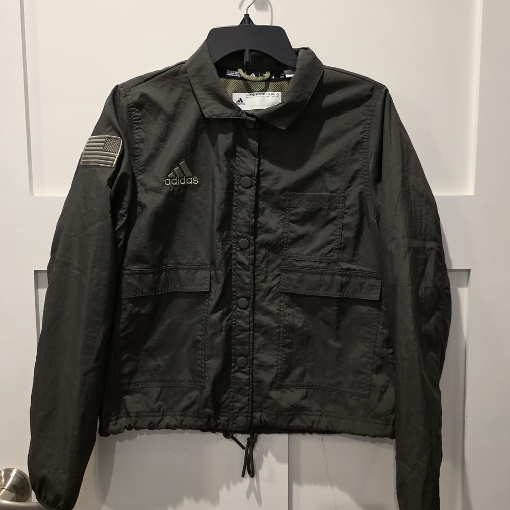 Adidas Women’s Windbreaker USA Military Green Training Button Up Cinch Waist M